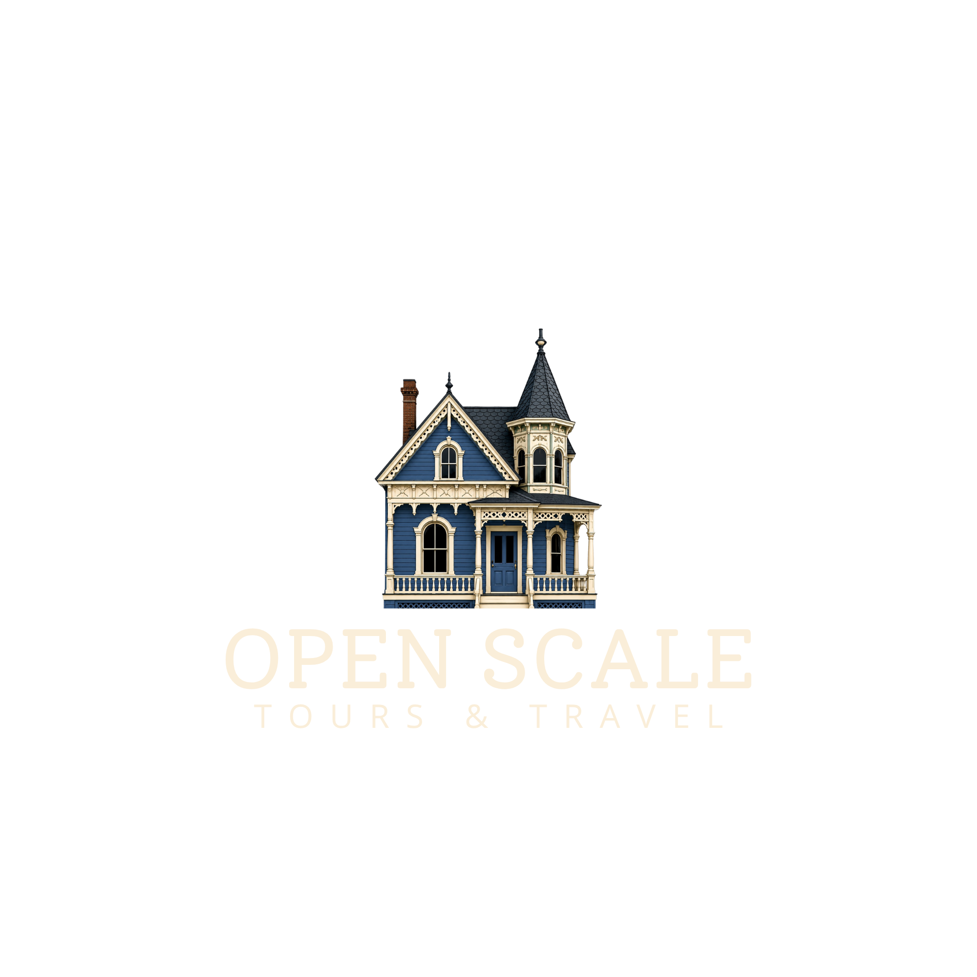 Open Scale Tours and Travel logo featuring a Victorian house and world map